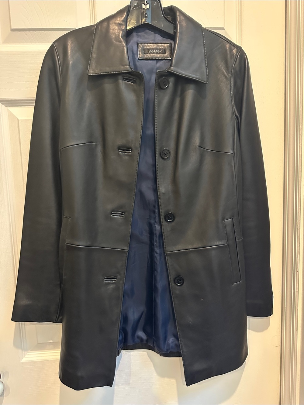 TAHARI Black Leather Button-Front Coat with Navy Lining
